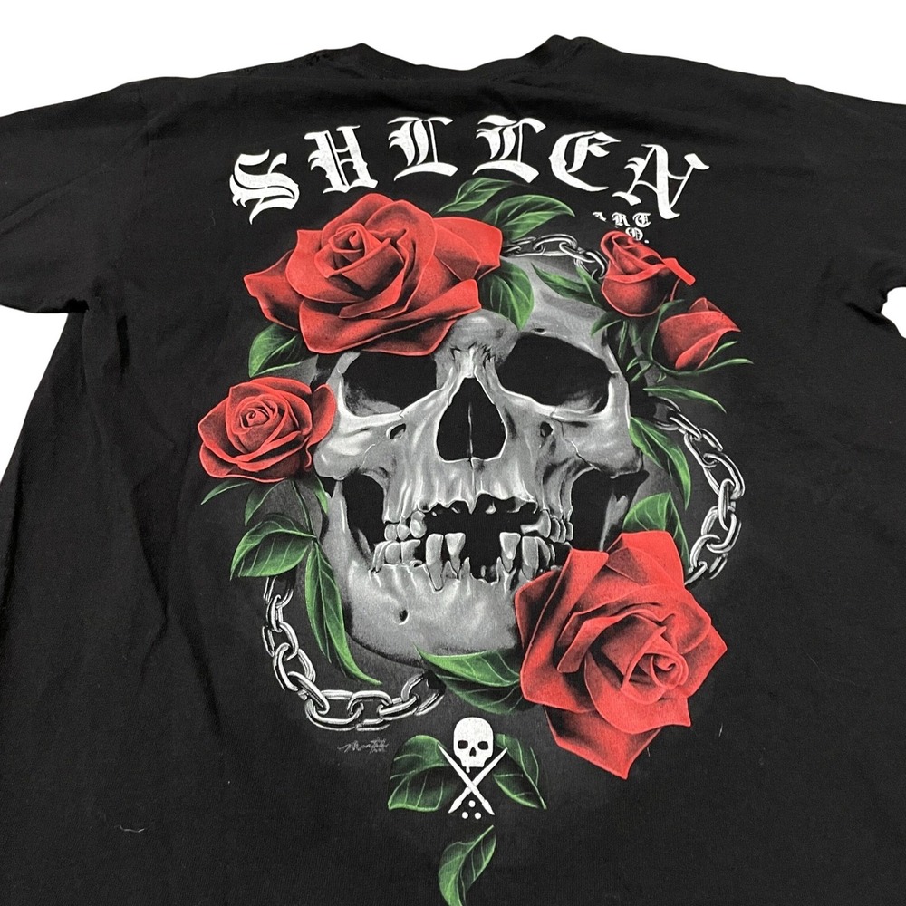 Sullen Art Collective Mens Black Skull and Roses Graphic T-Shirt Medium Tattoo - Picture 2 of 6